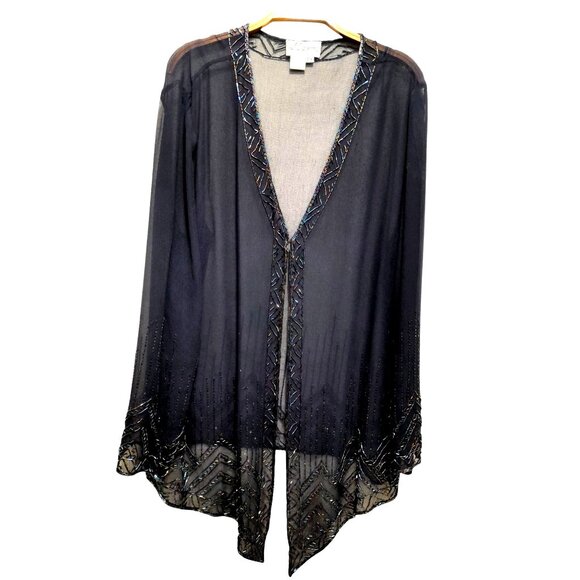 Vintage 2X Sheer Beaded Sequin Jacket Art Deco Evening Cocktail Wrap Dark Blue - Picture 2 of 12